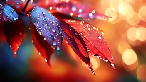 Dewlit red leaves glow against dreamy golden bokeh light