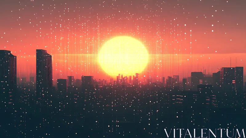 Digital sun over dense city skyline with particulate overlay