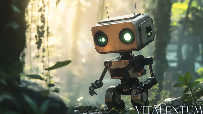 Curious little forest robot exploring a sunlit jungle.