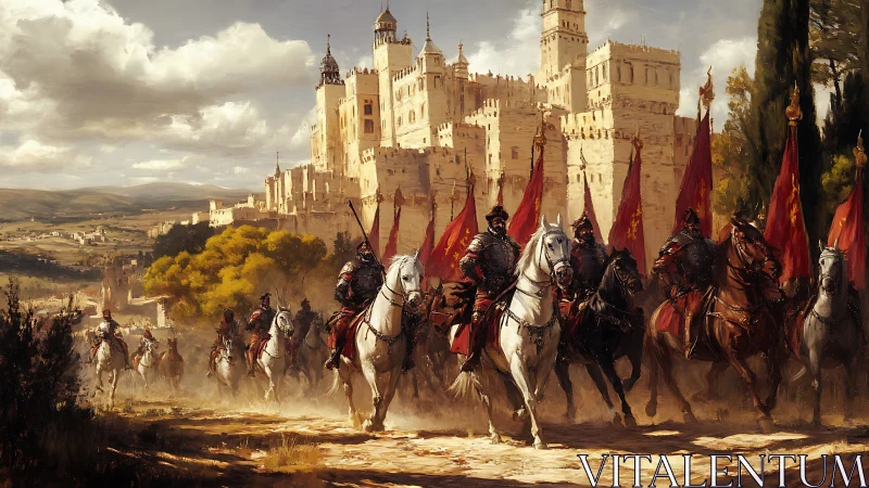 Mounted armored procession before fortified hillside castle.