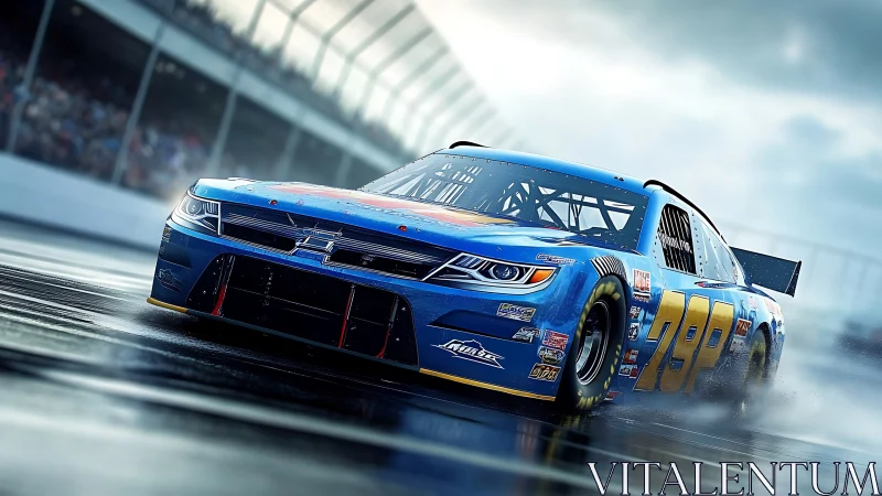 Blue stock car powers through wet racetrack under storm clouds