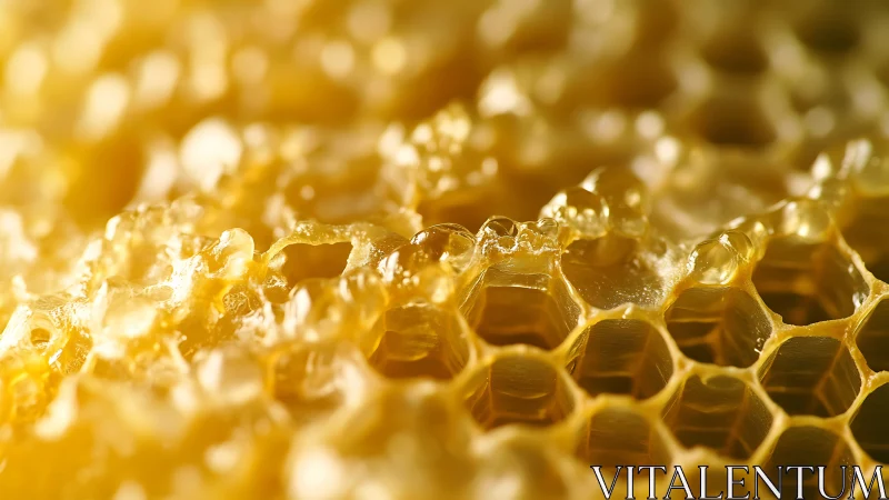 Golden honeycomb macro with glistening viscous detail.