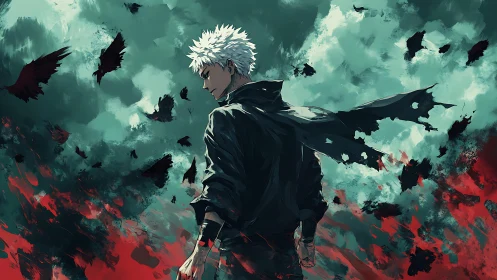 Stormlit rogue strides through crows and crimson ashes.