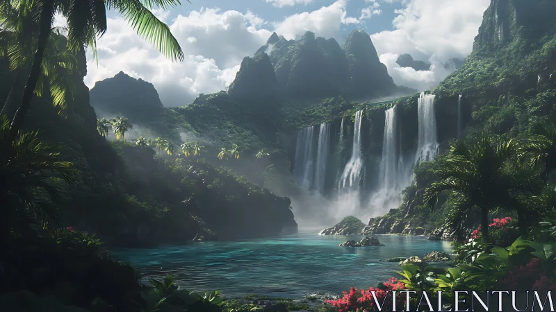 Emerald cascade kingdom pouring into a secret turquoise bay.