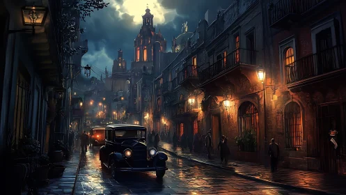 Moonlit old town street glowing with vintage car charm.