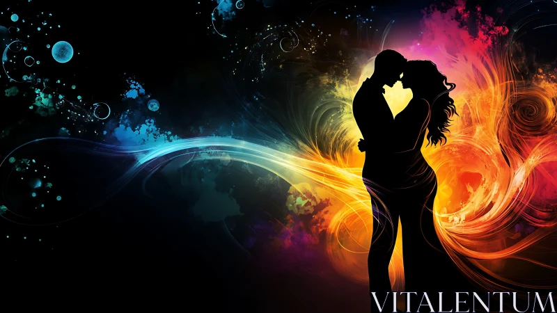 Silhouetted Couple Embracing Against Cosmic Energy Vortex.
