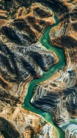 Emerald river carving striped desert canyon from above.