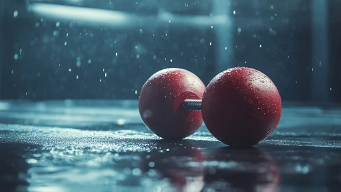 Wet red dumbbell on reflective gym floor under rainfall.