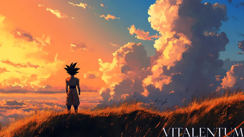 Anime warrior watching dramatic sunset cloud horizon.