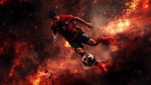 Soccer player in midair kick within fiery digital field.