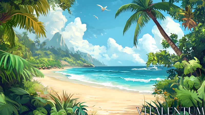Tropical Coastal Landscape with Palm Trees and Mountain Formation.