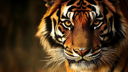 Tiger eyes carve molten light from the jungle shadows
