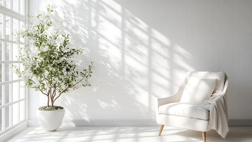 Sunlit armchair trades secrets with a blossoming indoor tree