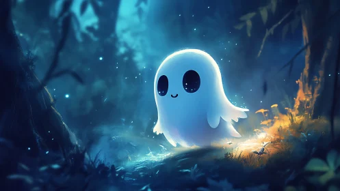 Bioluminescent cartoon ghost traverses a mystical forest glade
