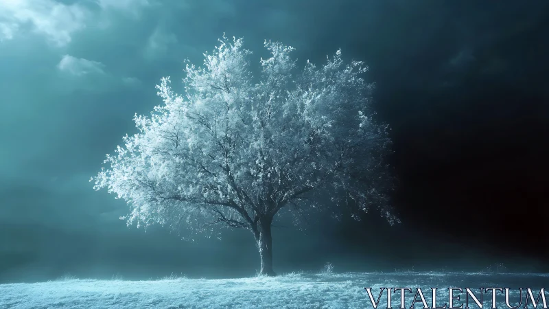 Lone frost-lit tree holding quiet light against deep night.