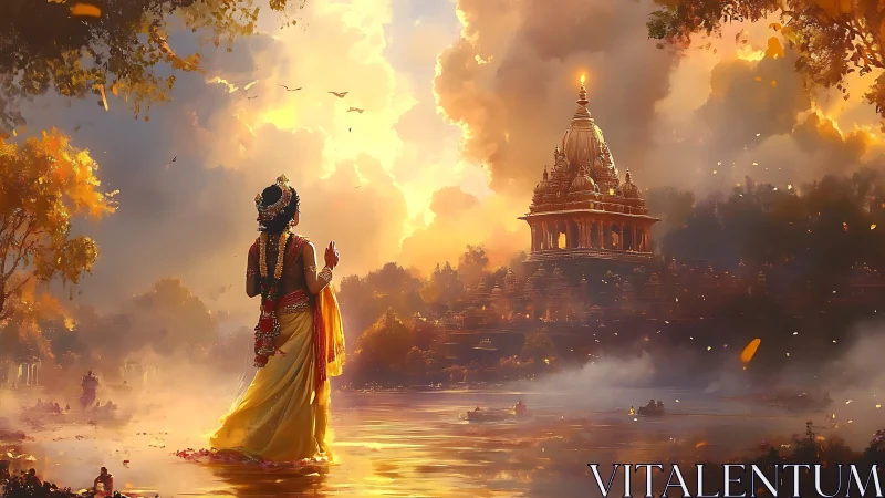 Divine figure before golden riverside temple at sunrise.