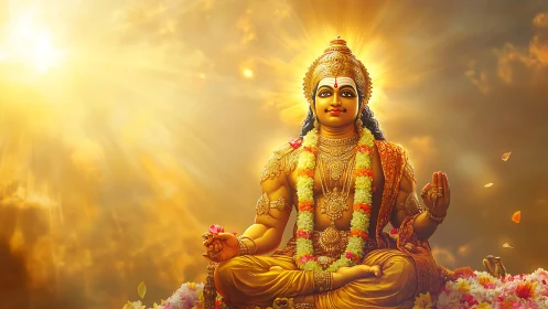 Radiant golden deity seated in lotus under blazing sun.