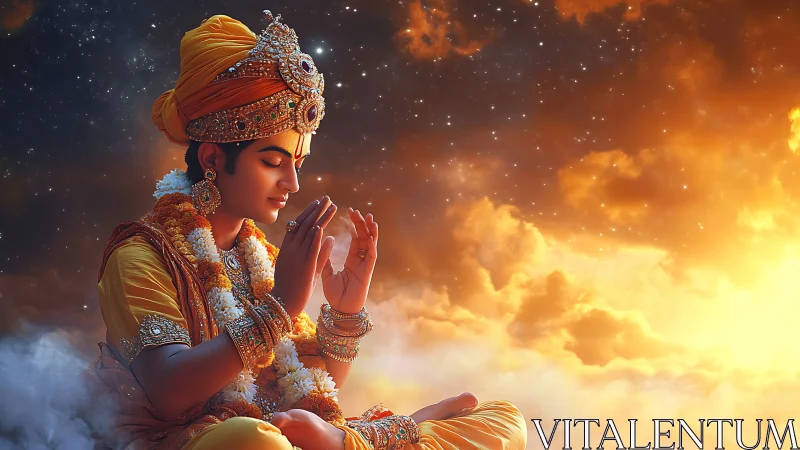 Deity figure in ornate attire against luminous clouded sky.