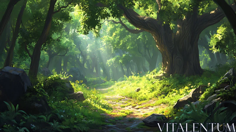 Luminous Forest Cathedral: Ancient Trees Frame the Sacred Passage.