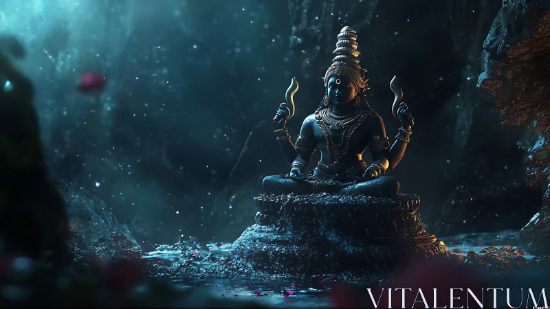 Digital painting of meditative deity with cinematic backlighting.