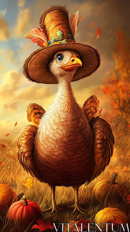 Stylized bird figure wearing oversized hat in autumn setting.