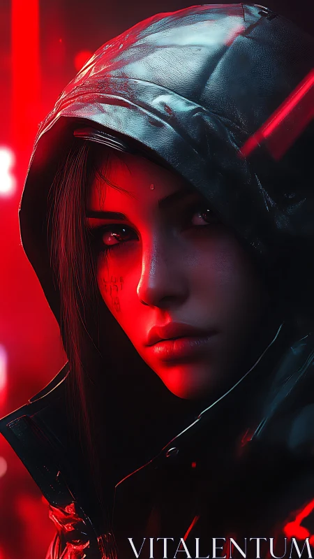 Hooded cyberpunk woman watches from neon red shadows.
