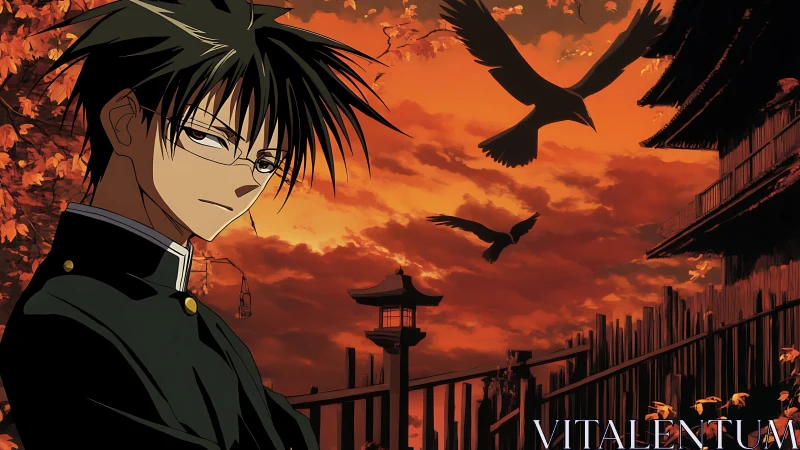 Brooding student under crimson sky with circling crows.