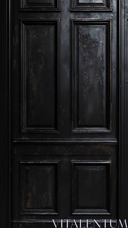Photorealistic worn black paneled door with vertical framing.