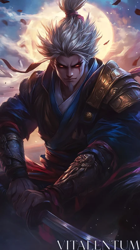 Moonlit demon samurai prepares for battle in swirling embers