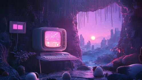 Retro terminal in neon alien cave overlooking violet sunset.