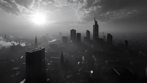 Monochrome sunrise over dense foggy city skyline.