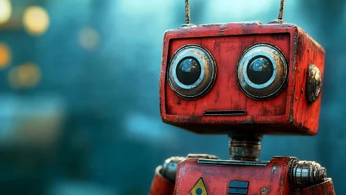 Red toy-like robot rendered in detailed 3D with bokeh backdrop