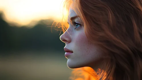 Profile portrait of red-haired woman at sunset light.