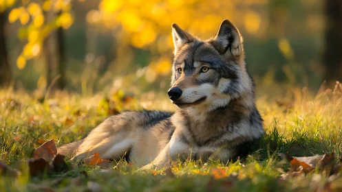 Autumn forest wolf portrait in golden hour side lighting.
