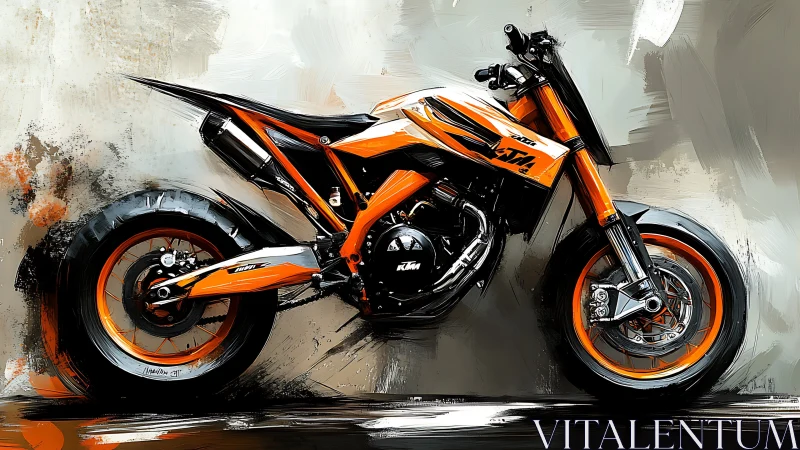 Dynamic KTM-style supermoto rendered in high-contrast digital brushwork