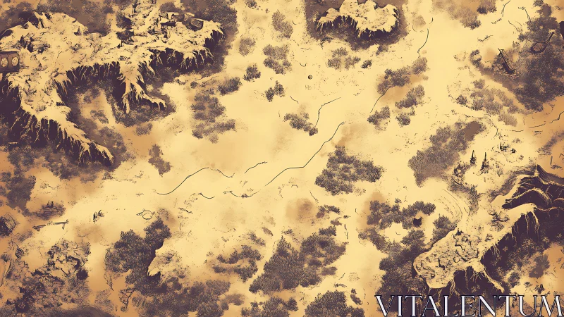 Cartographic fantasy landscape with inked cliffs and sparse rivers