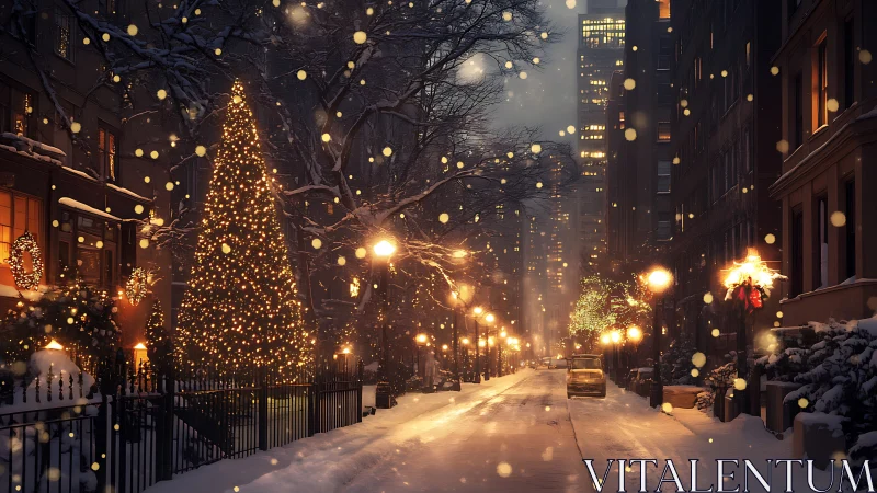 Snow covered city street with illuminated Christmas tree scene.