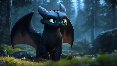Playful black dragon rests in a misty enchanted forest.