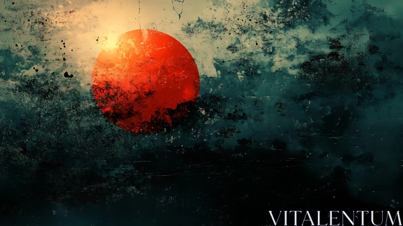 Red circular form intersects textured dark teal field