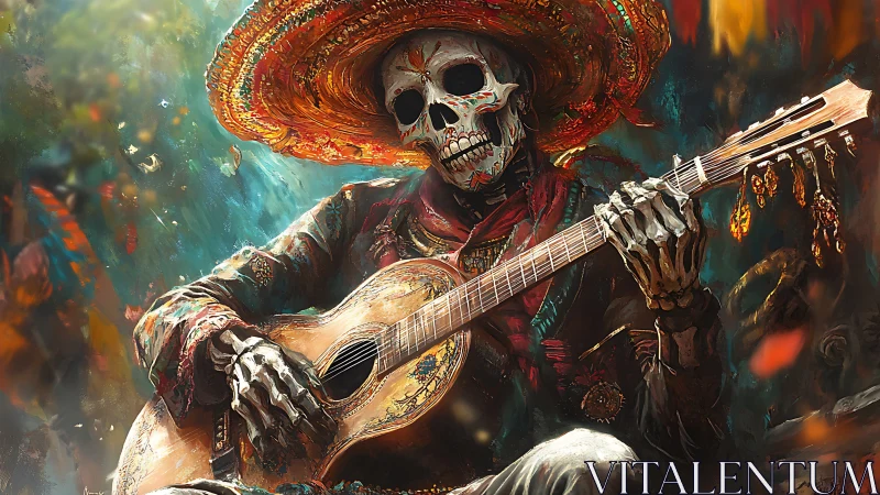 Skeleton guitarist in vibrant sombrero plays in fiery dusk