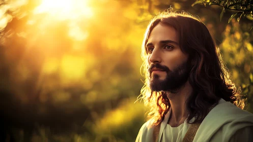 Sunlit contemplative figure in glowing woodland aura portrait.