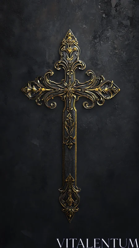Gothic gold filigree cross gleams over shadowed stone wall.