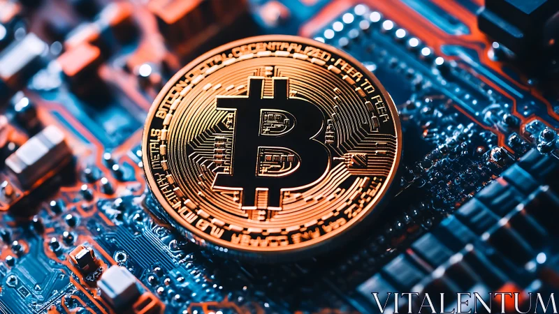 Bitcoin token rests on electronic circuit board with macro depth