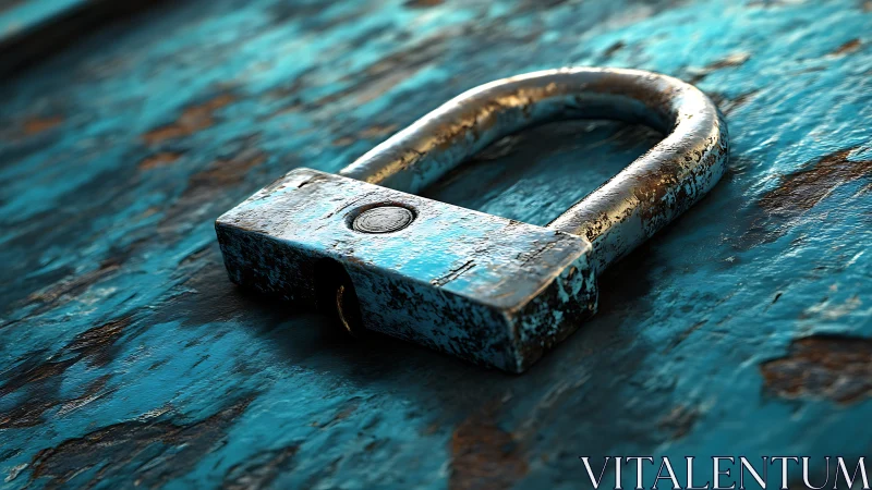 Corroded steel padlock on weathered cyan painted substrate.