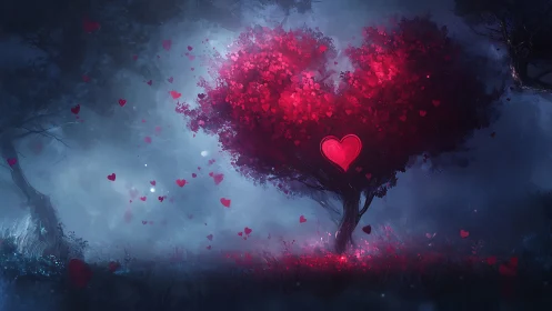 Luminescent Heart-Shaped Tree: Neon Pink Particle Burst Digital Artwork