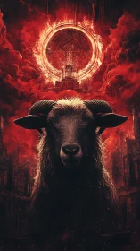 Midnight ram beneath a burning celestial gateway.