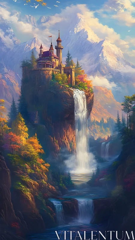 Fairytale mountain castle watching over a cascading waterfall.