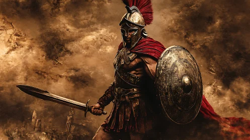 Roman warrior poised in storm-torn sepia battlefield scene.
