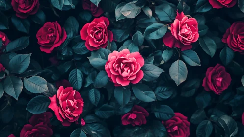 Clustered roses with dark teal foliage arrangement.