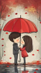 Couple sharing red umbrella in rain with falling autumn leaves